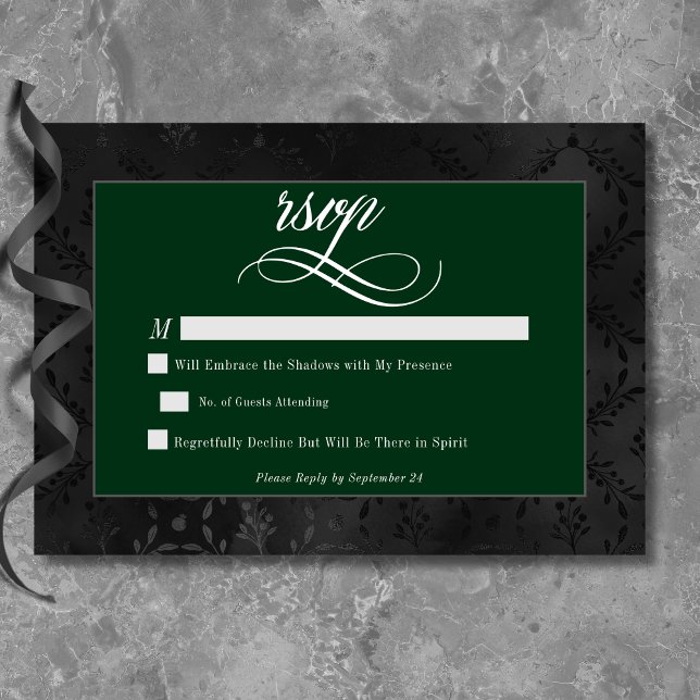 Dark Gothic Black Floral Satin Damask Green RSVP Card (Dark Gothic Black Floral Satin Damask Green RSVP Card)