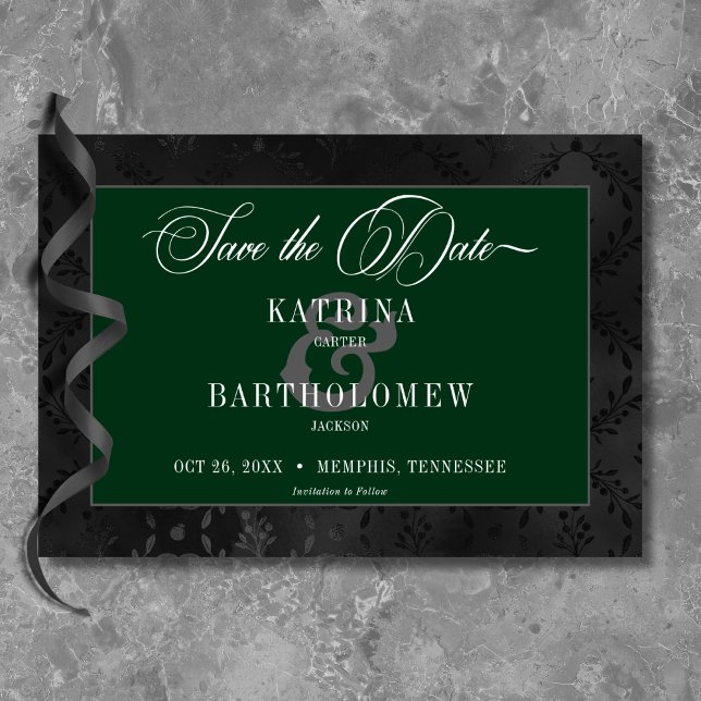 Dark Gothic Black Floral Satin Damask Green Save The Date (Dark Gothic Black Floral Satin Damask Green Save The Date)