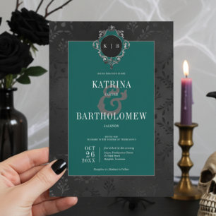 Dark Gothic Black Floral Satin Damask Teal Wedding Invitation