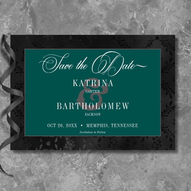 Dark Gothic Black Floral Satin Damask Teal Wedding Save The Date (Dark Gothic Black Floral Satin Damask Teal Wedding Save The Date)