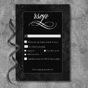 Dark Gothic Black Floral Satin Damask Wedding RSVP Card