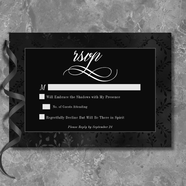Dark Gothic Black Floral Satin Damask Wedding RSVP Card (Dark Gothic Black Floral Satin Damask Wedding RSVP Card)