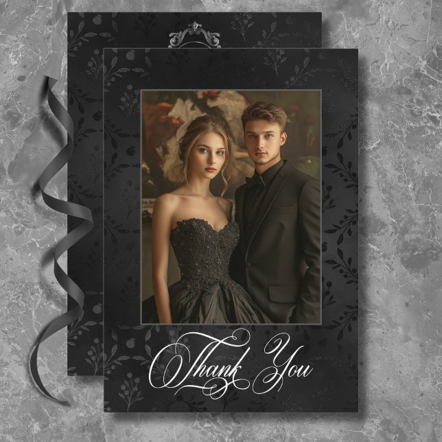 Dark Gothic Black Floral Satin Damask Wedding Thank You Card (Creator Uploaded)