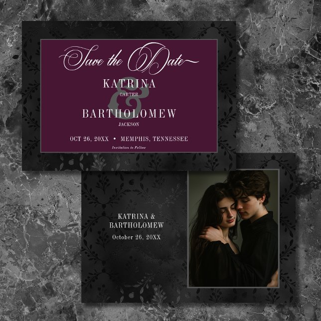Dark Gothic Black Floral Satin Damask Wine Photo Save The Date (Dark Gothic Black Floral Satin Damask Wine Photo Save The Date)