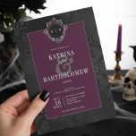 Dark Gothic Black Floral Satin Damask Wine Wedding Invitation<br><div class="desc">Step into a world of dark elegance with our captivating gothic wedding invitation. Set against a stunning black-on-black damask satin vintage floral wallpaper, this invitation exudes an air of mystery and timeless charm. At the top, a vintage grey, wine and black cartouche cradles the couple's first initials, adding a touch...</div>