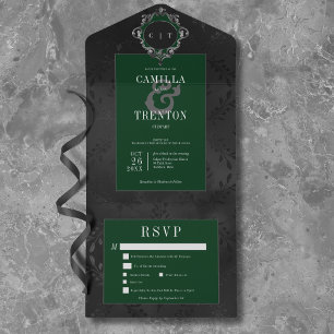 Dark Gothic Black & Green Floral Satin Dinner All In One Invitation