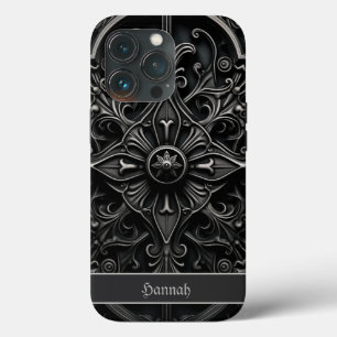 Dark Gothic Black & Grey Filigree Medallion iPhone 13 Pro Case