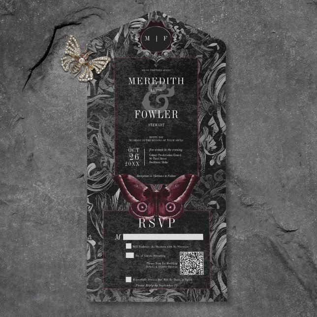 Dark Gothic Black & Grey Filigree Moth QR Code All In One Invitation (Also available without a QR code; with or without dinner options.)