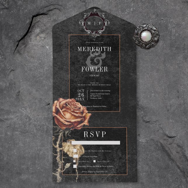 Dark Gothic Black & Grey Rust Rose Dinner All In One Invitation (Also available with a QR code or without dinner selection options.)