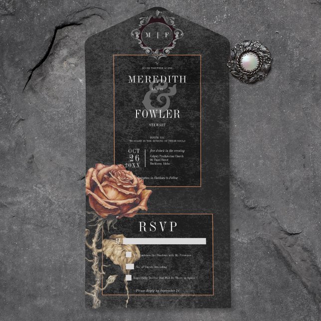 Dark Gothic Black & Grey Rust Rose No Dinner All In One Invitation (Also available with a QR code or with dinner selection options.)