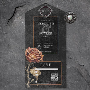 Dark Gothic Black & Grey Rust Rose QR Code All In One Invitation