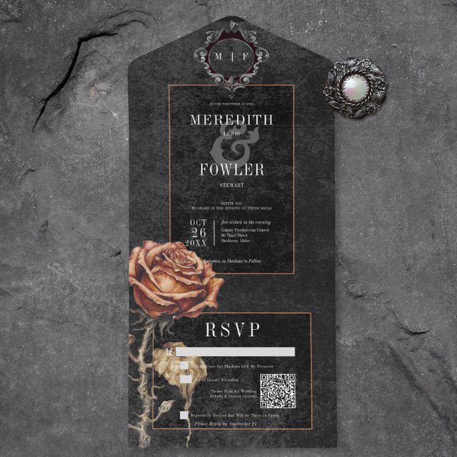Dark Gothic Black & Grey Rust Rose QR Code All In One Invitation (Also available without a QR code; with or without dinner selection options.)