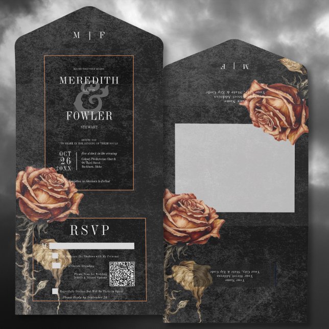 Dark Gothic Black & Rust Rose QR Code All In One Invitation (Dark Gothic Black & Rust Rose All In One Wedding Invitation with QR Code)