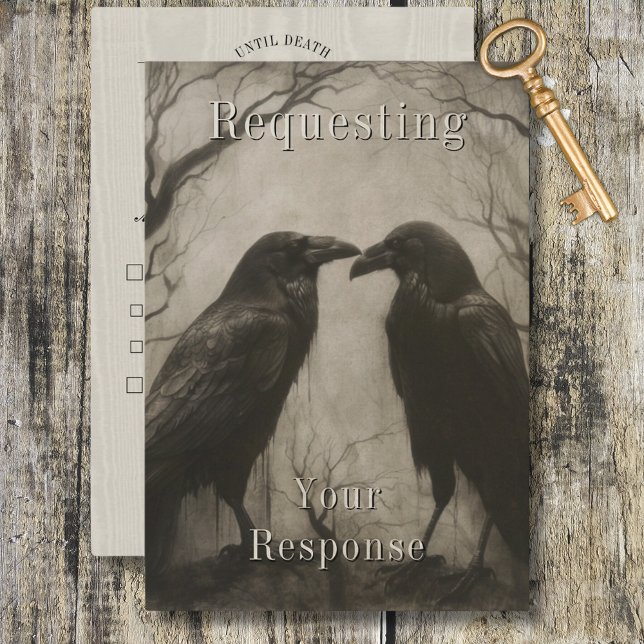 Dark Gothic Black & Tan Raven Couple Dinner RSVP Card (Dark Gothic Black & Tan Raven Couple Dinner RSVP Card)