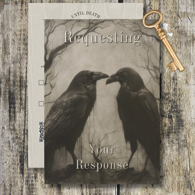 Dark Gothic Black & Tan Raven Couple Wedding RSVP Card (Dark Gothic Black & Tan Raven Couple Wedding RSVP Card)