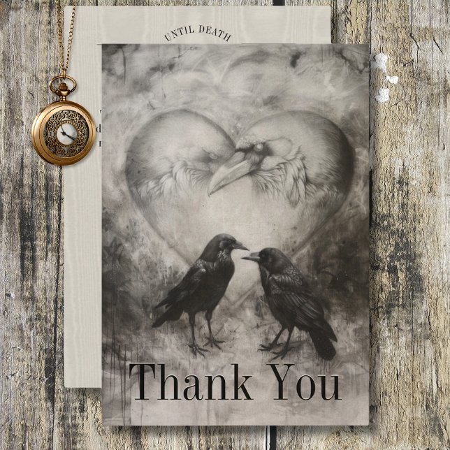 Dark Gothic Black & Tan Raven Couple Wedding Thank You Card (Dark Gothic Black & Tan Raven Couple Wedding Thank You Card)