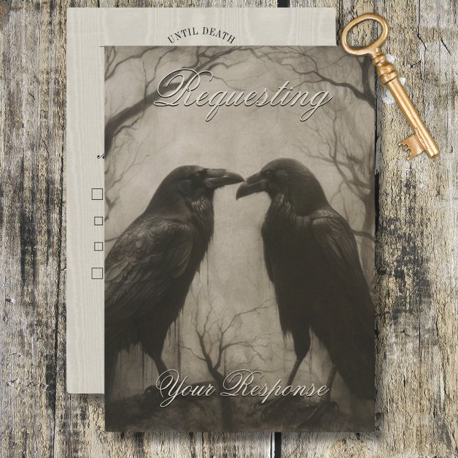 Dark Gothic Black & Tan Raven Script Dinner RSVP Card (Dark Gothic Black & Tan Raven Script Dinner RSVP Card)