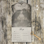 Dark Gothic Black & Tan Raven Wedding Dinner All In One Invitation<br><div class="desc">AVAILABLE WITH A QR CODE OR WITH OR WITHOUT DINNER CHOICE OPTIONS. Step into the enigmatic embrace of your love story with our dark and moody gothic all in one wedding invitation. Capturing the essence of mystery and romance, our invitation features a captivating image in a charcoal style, showcasing two...</div>