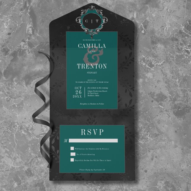 Dark Gothic Black & Teal Floral Satin No Dinner All In One Invitation (Dark Gothic Black & Teal Floral Satin No Dinner All In One Invitation)