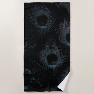 Dark Gothic Black Teal Peacock Feathers Beach Towel