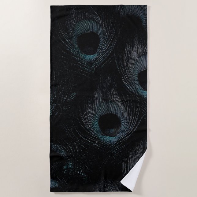 Dark Gothic Black Teal Peacock Feathers Beach Towel (Front)