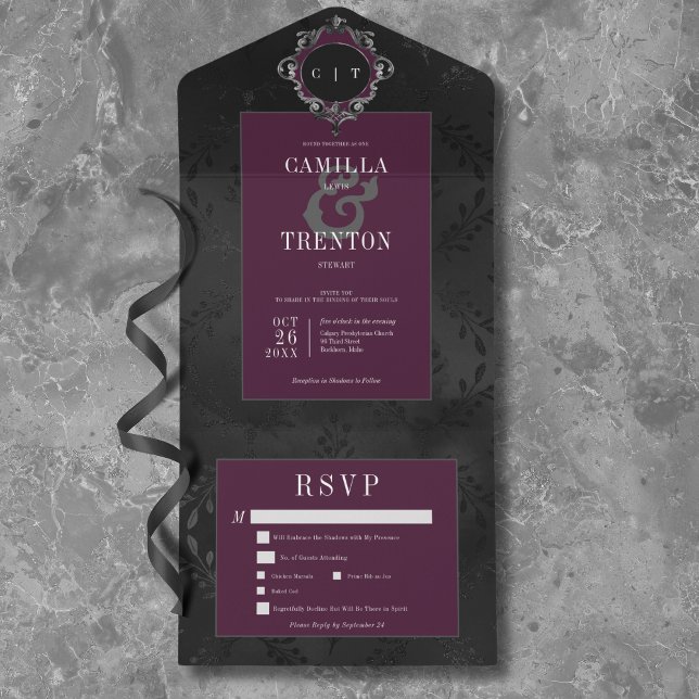 Dark Gothic Black Wine Floral Satin Dinner All In One Invitation (Dark Gothic Black & Purple Floral Satin Dinner All In One Invitation)