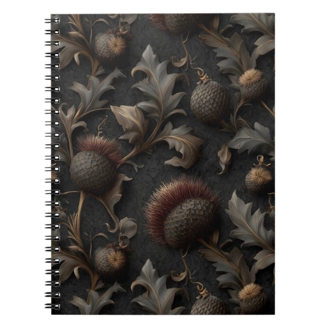 Dark Gothic Botanical Thistle Seamless Pattern Notebook (Front)