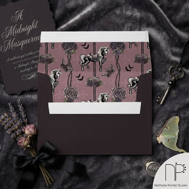 Dark Gothic Carousel Horse Return Address Envelope (Moody vintage circus carousel horse and dark florals hand-drawn in black ink for romantic stationery)