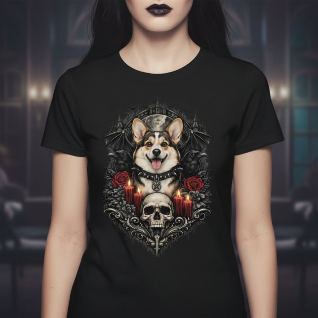 Dark Gothic Corgi With Skull and Candles T-Shirt (Dark Gothic Corgi With Skull and Candles T-Shirt by Ricaso A fun dog themed goth shirt
)