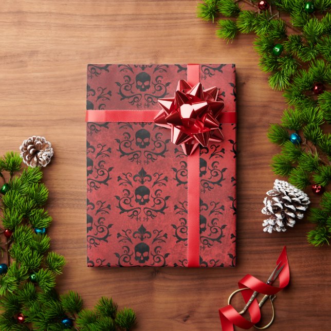 Dark Gothic Damask Floral Skull (Black and Red) Wrapping Paper (Holiday Gift)