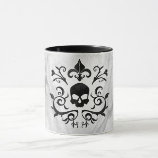 Dark Gothic Damask Floral Skull (Black and White) Mug