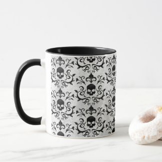 Dark Gothic Damask Floral Skull (Black and White)