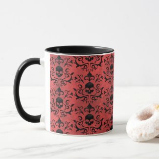 Dark Gothic Damask Floral Skull (Light Red) Mug