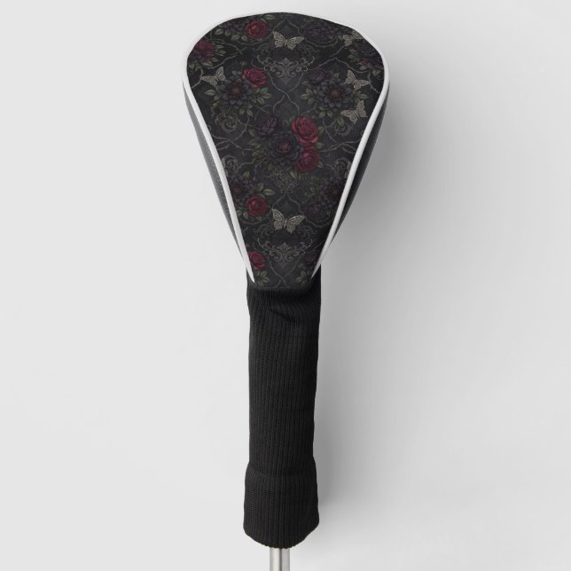 Dark Gothic Damask Seamless Pattern with Roses Golf Head Cover (Front)