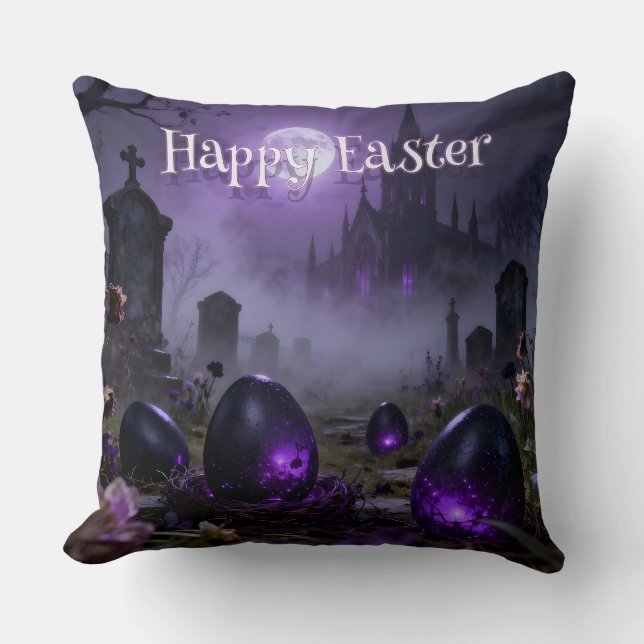 Dark Gothic Easter Scene with Glowing Eggs Cushion (Front)