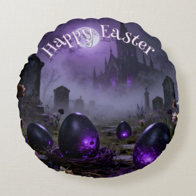Dark Gothic Easter Scene with Glowing Eggs Round Cushion (Front)