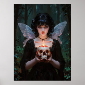 Dark gothic fairy - goth winged girl in the forest poster