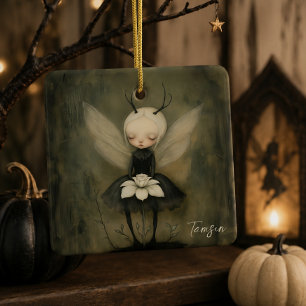 Dark Gothic Fairy with Flower Custom Name & Year Ceramic Ornament
