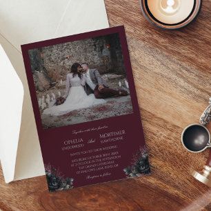 Dark Gothic Floral Burgundy Vintage Photo Wedding Invitation