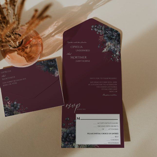 Dark Gothic Floral Burgundy Wedding All In One Invitation (Creator Uploaded)