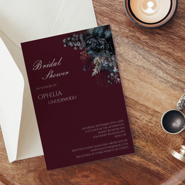 Dark Gothic Floral Burgundy Wedding Bridal Shower Invitation (Creator Uploaded)