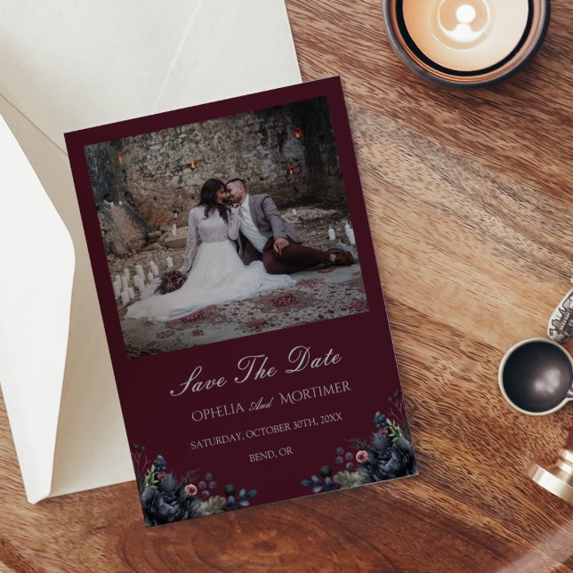 Dark Gothic Floral Burgundy Wedding Photo Save The Date (Creator Uploaded)