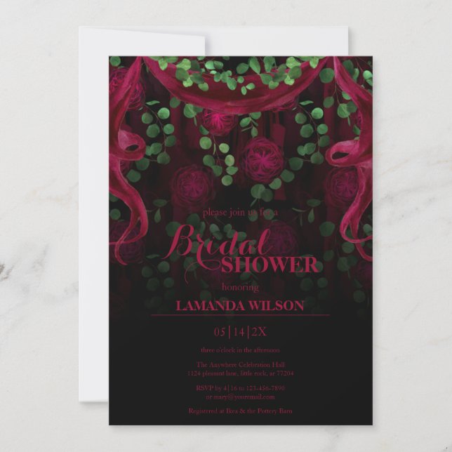 Dark Gothic Floral Fuchsia Black Bridal Shower Invitation (Front)
