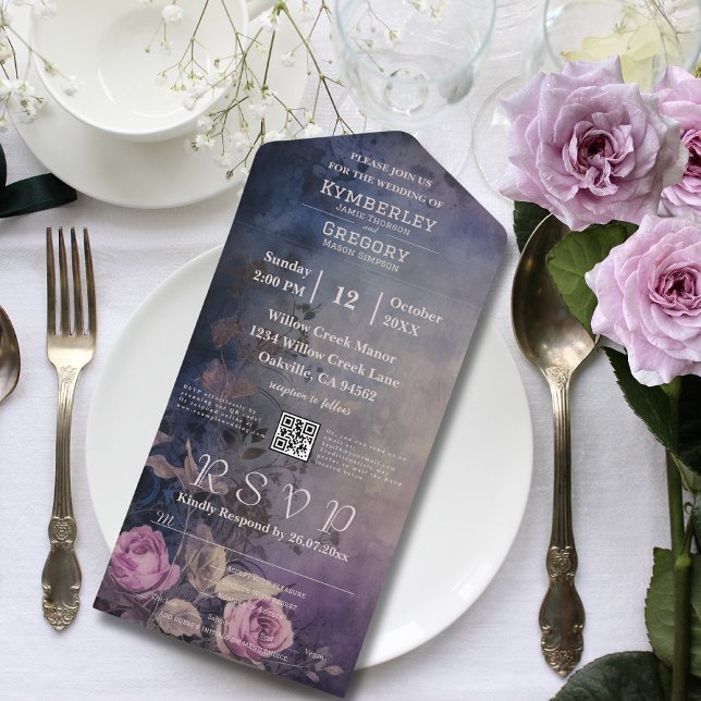 Dark Gothic Floral Lavender Purple QR Code All In One Invitation (Creator Uploaded)