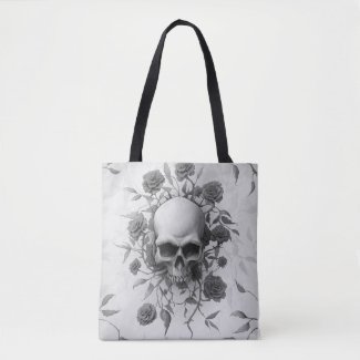 Dark Gothic Floral Rose Skull Drawstring Bag