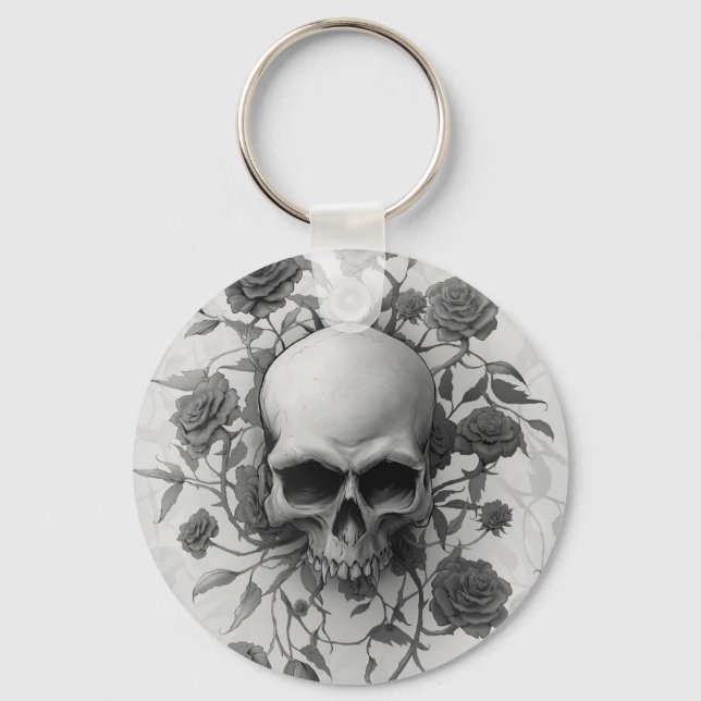 Dark Gothic Floral Rose Skull Key Ring (Front)