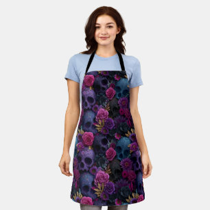 Dark Gothic Floral Skull Seamless Pattern Apron