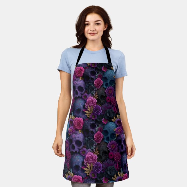 Dark Gothic Floral Skull Seamless Pattern Apron (Worn)
