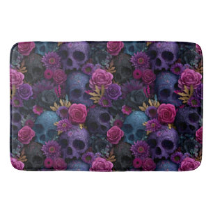 Dark Gothic Floral Skull Seamless Pattern Bath Mat