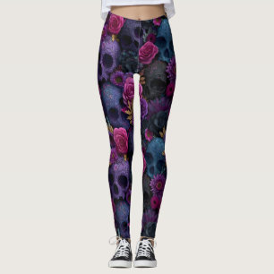 Dark Gothic Floral Skull Seamless Pattern Leggings